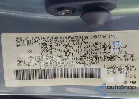 2004 Toyota Sienna Le из США, поврежденный, VIN 5TDZA23C44S157071